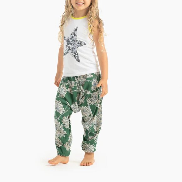 Kids Flower Harem Pant Cotton Unisex Travel Yoga Loungewear Dandelion Green - Picture 2 of 5